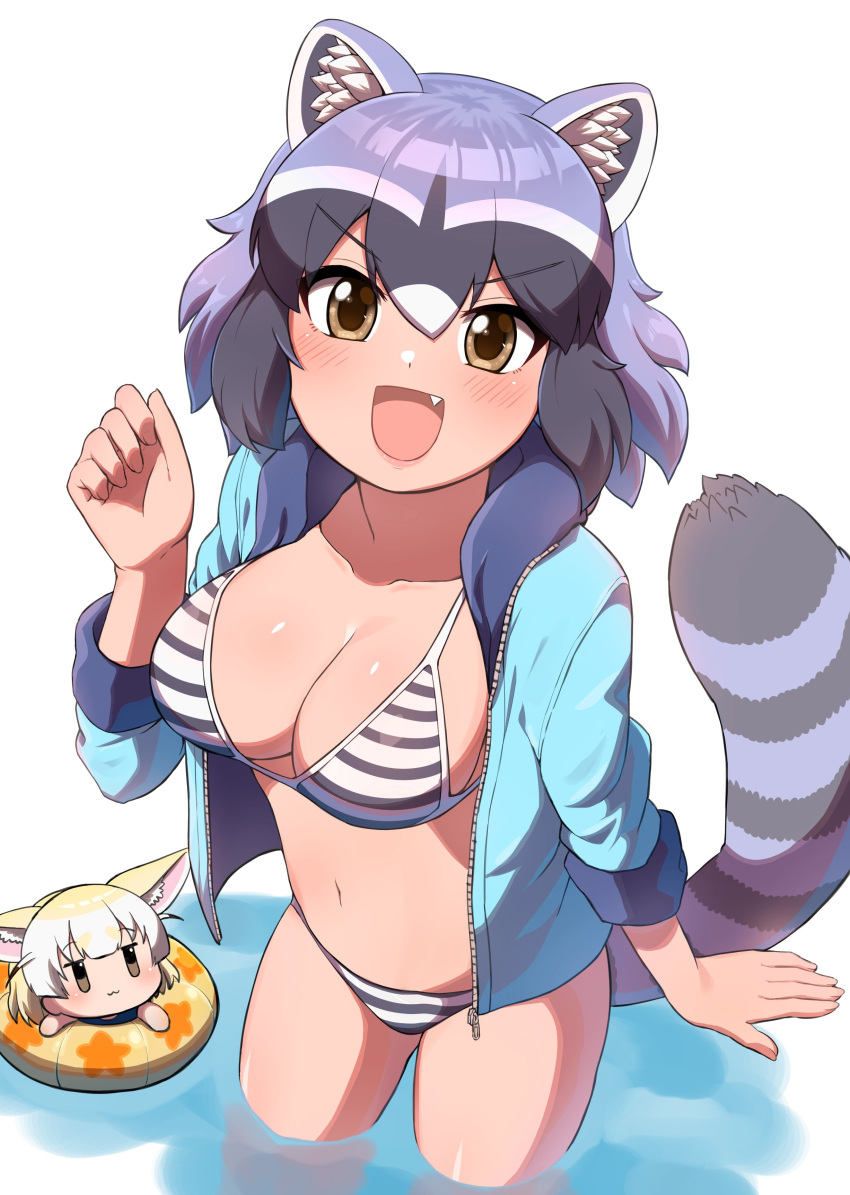 2girls, :3, :d, absurdres, alternate_costume, animal_ear_fluff, animal_ears, bikini, blonde_hair, blue_hoodie, blush, chibi, common_raccoon_(kemono_friends), eyebrows_visible_through_hair, fang, fennec_(kemono_friends), fox_ears, fox_girl, grey_hair, highres, hood, hood_down, hoodie, innertube, kemono_friends, looking_at_viewer, minigirl, multicolored_hair, multiple_girls, ngetyan, open_clothes, open_hoodie, open_mouth, raccoon_ears, raccoon_girl, raccoon_tail, short_hair, smile, striped, striped_bikini, swimsuit, tail, v-shaped_eyebrows, wading, white_hair