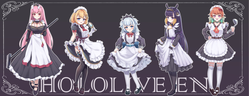 5girls, absurdres, adapted_costume, alternate_costume, apron, ascot, bangs, belt, black_choker, black_dress, black_gloves, black_legwear, blonde_hair, blue_eyes, border, bow, bow_choker, bowtie, breasts, brown_background, cargo_(pixiv27244088), choker, crossed_legs, curtsey, dress, dress_lift, earrings, enmaided, feather_earrings, feathers, flat_chest, frilled_apron, frills, full_body, gawr_gura, gloves, gradient_hair, green_hair, hair_ornament, hairband, hand_on_hip, highres, holding, holding_ladle, holding_mop, hololive, hololive_english, holomyth, jewelry, kneehighs, knot, ladle, large_breasts, loafers, long_hair, long_sleeves, looking_at_viewer, maid, maid_headdress, mary_janes, medium_breasts, messy_hair, monocle_hair_ornament, mop, mori_calliope, multicolored_hair, multiple_girls, ninomae_ina'nis, orange_hair, pantyhose, pink_eyes, pink_hair, purple_hair, red_eyes, sharp_teeth, shoes, short_sleeves, simple_background, smile, swept_bangs, takanashi_kiara, teeth, tentacle_hair, thigh-highs, thigh_strap, two_side_up, very_long_hair, violet_eyes, virtual_youtuber, watson_amelia, watson_cross, white_border, white_gloves, white_legwear