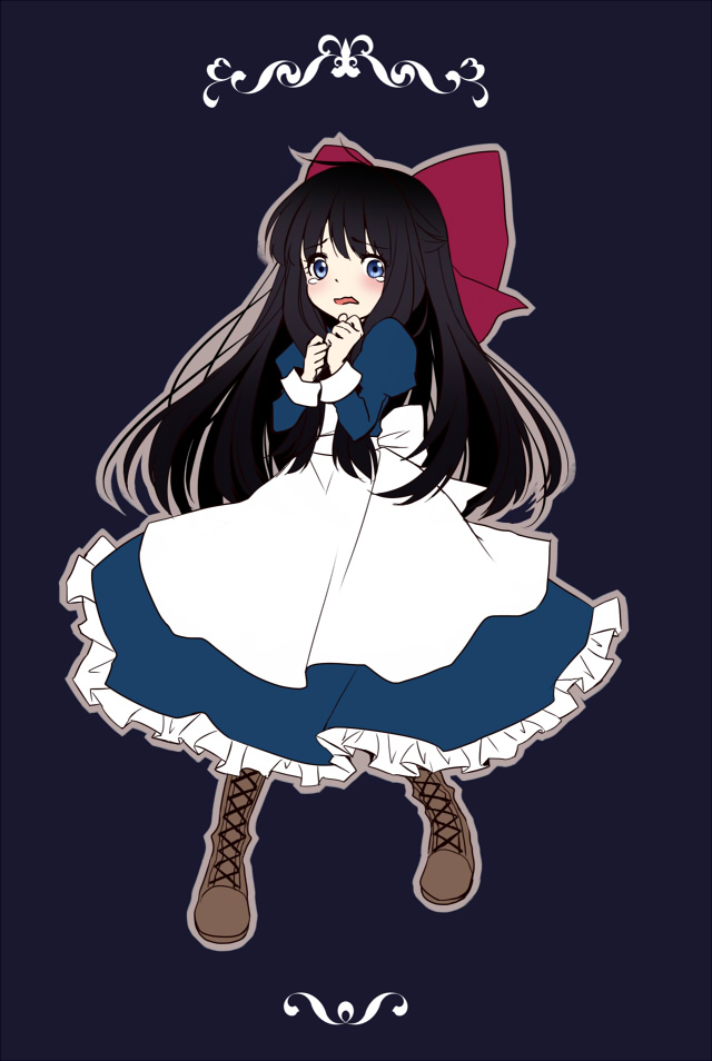 1girl, ahegao, apron, aya_drevis, bangs, black_hair, blue_background, blue_eyes, blunt_bangs, blush, boots, bow, dress, hair_bow, hands_together, huge_bow, jewelry, long_hair, mad_father, necklace, puffy_sleeves, scared, seeen, simple_background, solo, tears