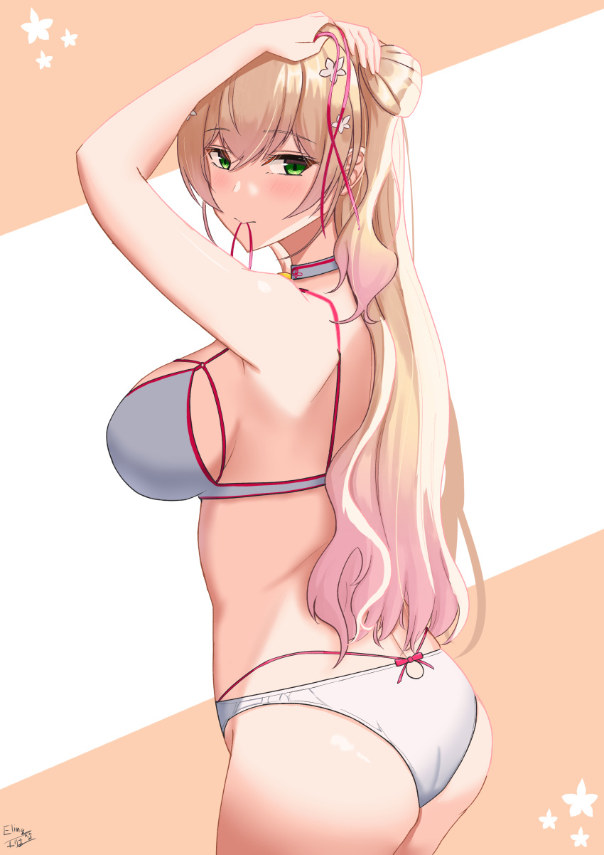 1girl, absurdres, adjusting_hair, arms_up, ass, blonde_hair, blush, bra