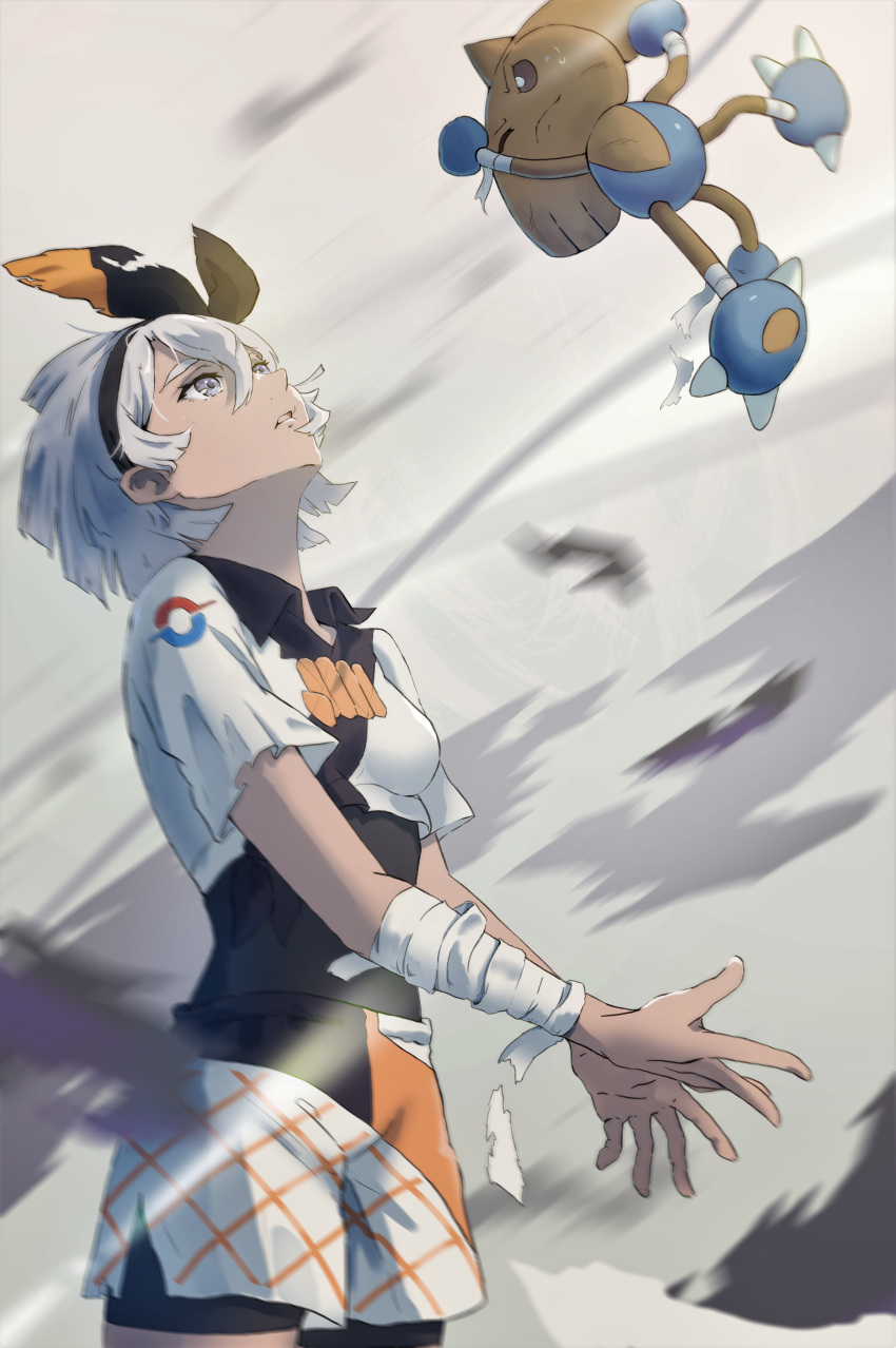 1girl, absurdres, arm_wrap, bangs, bea_(pokemon), black_bodysuit, black_hairband, blurry
