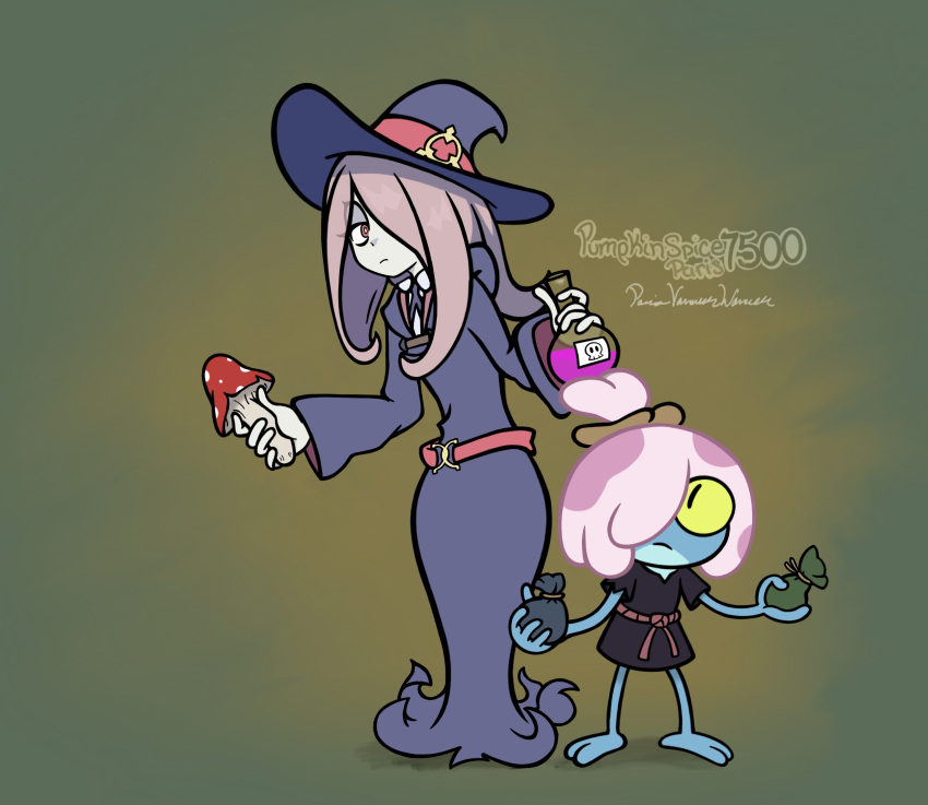 2girls, amphibia, disney, frog, hat, highres, holding, little_witch_academia, long_hair, long_sleeves, maddie_flour, md5_mismatch, multiple_girls, mushroom, pink_hair, pumpkinspice7500, simple_background, sucy_manbavaran, witch_hat, yellow_eyes