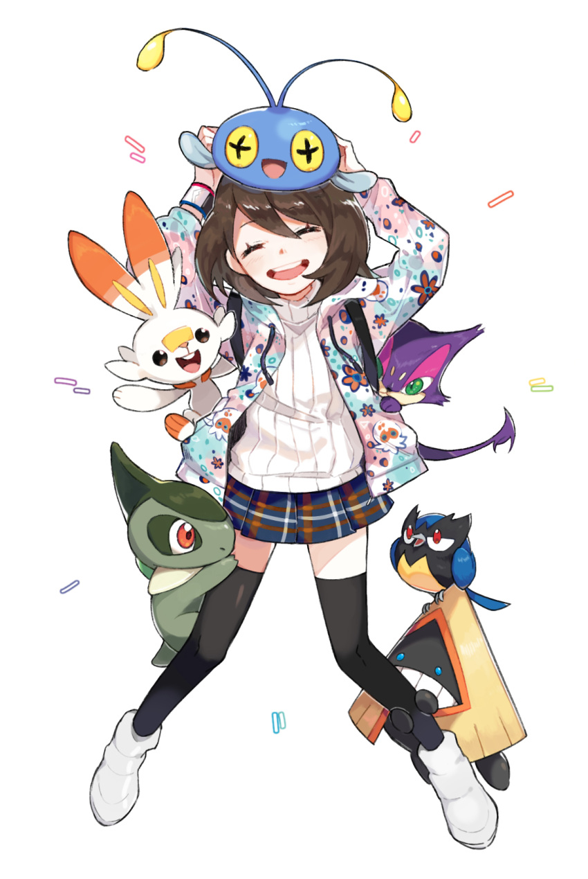 1girl, alternate_costume, arms_up, axew, bangs, black_legwear, brown_hair, chinchou