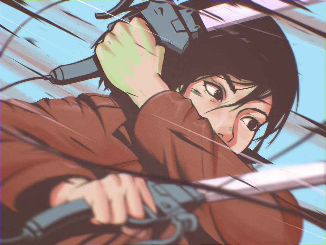 1girl, asian, black_eyes, black_hair, brown_jacket, close-up, dual_wielding, floating_hair