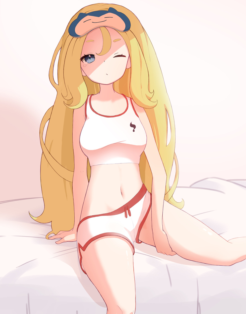 '_nadja, 1girl, absurdres, arm_support, bangs, bare_arms, bed_sheet, blonde_hair