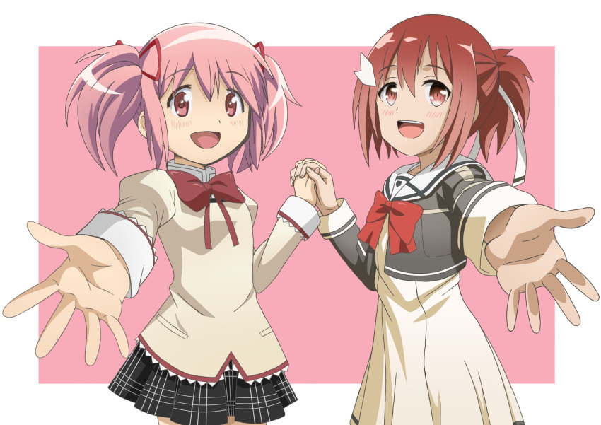 2girls, :d, blush, crossover, hair_between_eyes, hair_ornament, hair_ribbon, highres