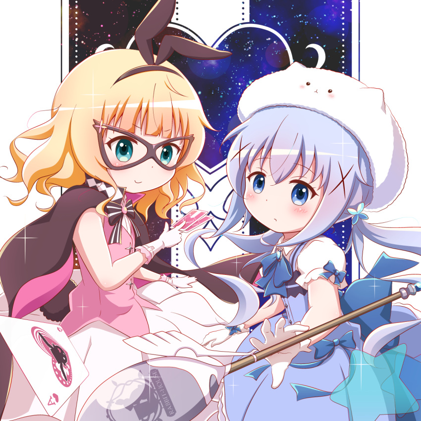 2girls, ace_of_hearts, animal_ears, bangs, between_fingers, black_bow, black_hairband, blonde_hair