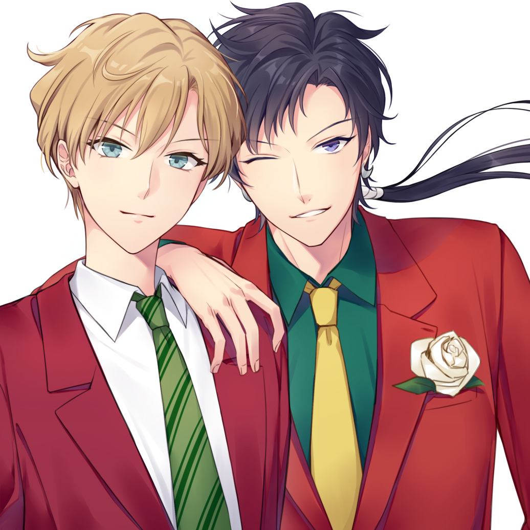 2girls, bishoujo_senshi_sailor_moon, black_hair, blazer, blonde_hair, blue_eyes, flower, grin