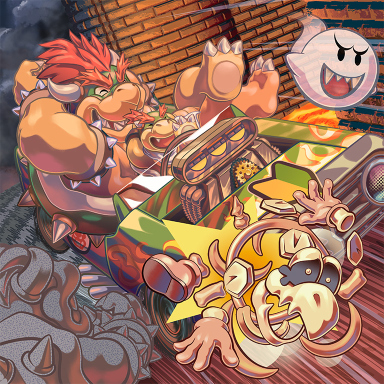 2boys, :d, black_eyes, boo, bowser, bowser_jr., bracelet, brick_wall