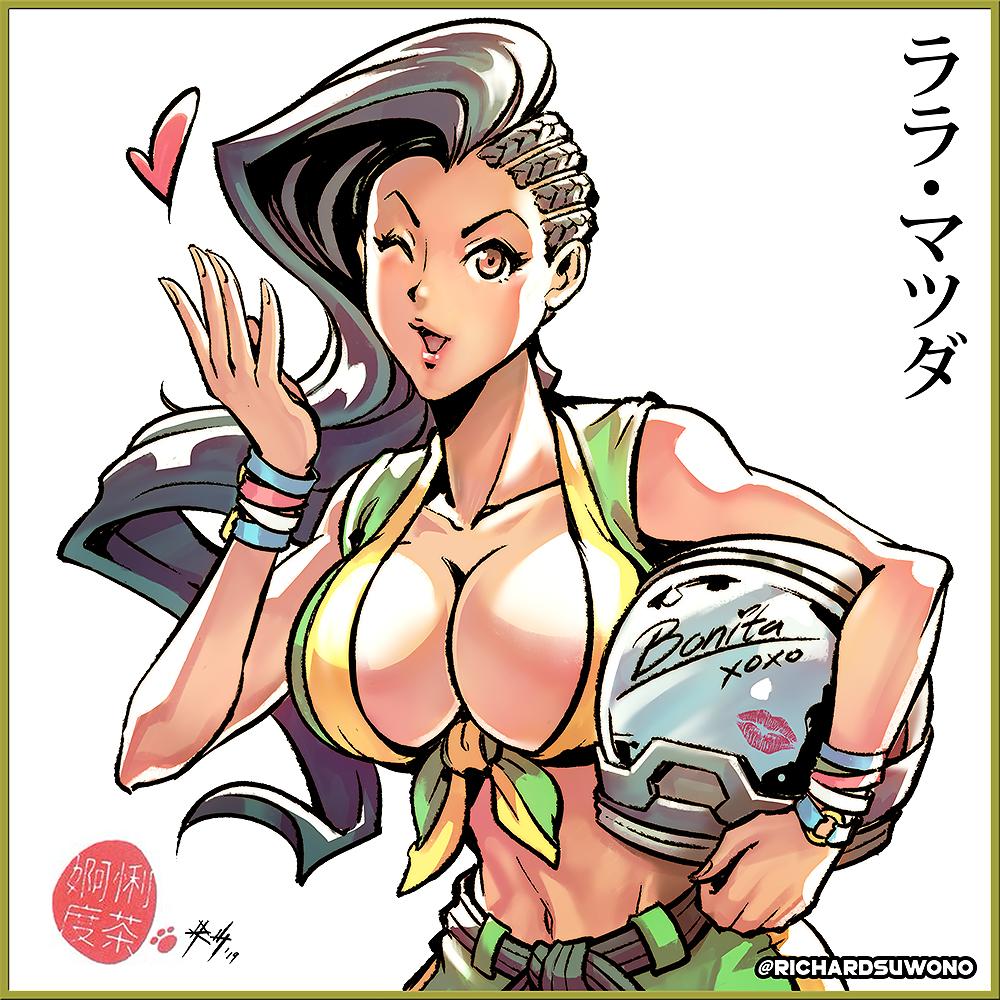 1girl, ;), asymmetrical_hair, black_hair, blown_kiss, bracelet, brazilian, breasts