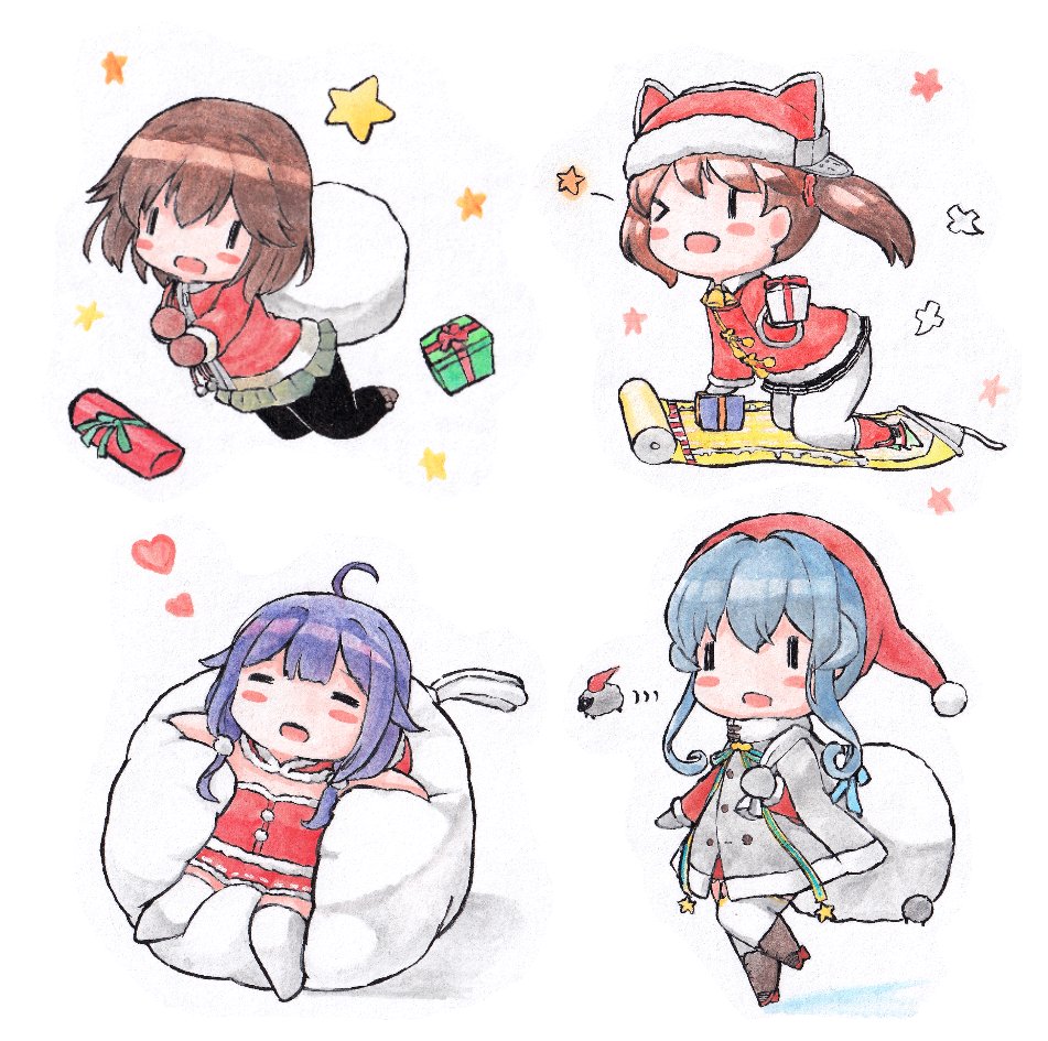 4girls, ahoge, black_legwear, blue_hair, brown_eyes, carpet, chibi, closed_eyes, coat, dress, fur-trimmed_coat, fur-trimmed_dress, fur-trimmed_headwear, fur-trimmed_jacket, fur_trim, gift, gotland_(kantai_collection), grey_coat, grey_skirt, hair_flaps, hat, hayasui_(kantai_collection), jacket, kantai_collection, long_hair, low_twintails, multiple_girls, pantyhose, pleated_skirt, poipoi_purin, purple_hair, red_dress, red_headwear, red_jacket, ryuuhou_(kantai_collection), ryuujou_(kantai_collection), sack, santa_hat, sheep, shinigami, short_hair, skirt, taigei_(kantai_collection), traditional_media, twintails, |_|, ||_||