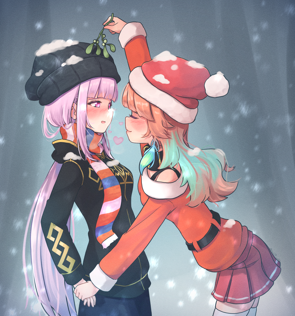 2girls, artist_apprentice, blush, closed_eyes, green_hair, hat, heart, holding_hand