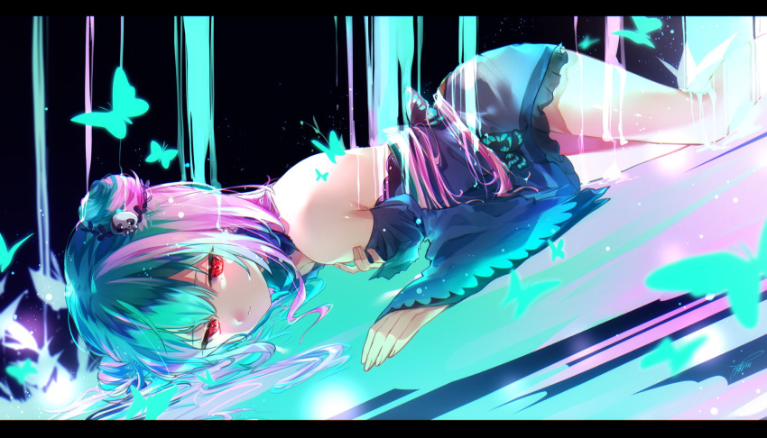 1girl, black_background, blue_dress, bug, butterfly, butterfly_dress, cowboy_shot, detached_collar, double_bun, dress, dripping, eyelashes, fingernails, green_butterfly, green_eyes, hair_down, hair_flowing_over, hair_ornament, harui_(hr_x9_), highres, hololive, insect, long_hair, looking_at_viewer, pastel_colors, red_eyes, ringlets, skull_hair_ornament, solo, strapless, strapless_dress, thighs, tsurime, uruha_rushia, very_long_hair, wet, wet_clothes, wet_hair