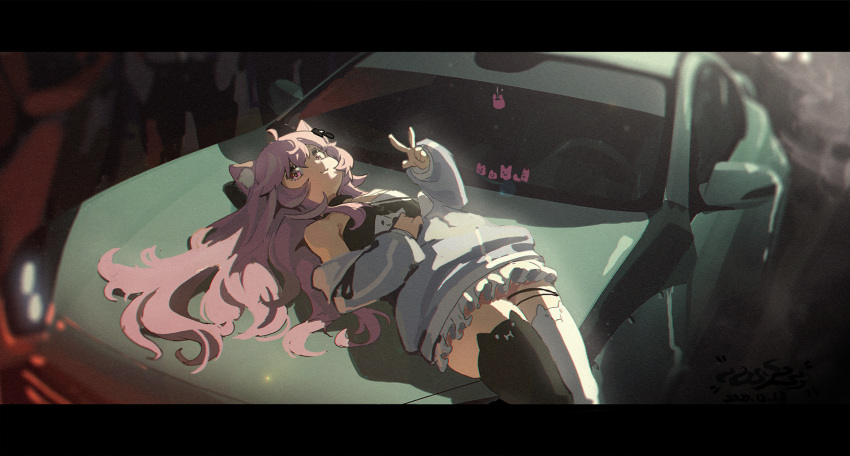1girl, animal_ears, bangs, bare_shoulders, car, cat_ears, ground_vehicle, hair_ornament, highres, iron_vertex, long_hair, motor_vehicle, nyanners_(character), nyatasha_nyanners, on_vehicle, pink_hair, skirt, smile, sports_car, thigh-highs, vehicle, violet_eyes, vshojo, waterkuma