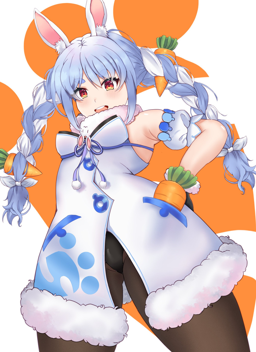 1girl, absurdres, animal_ears, blue_hair, bow, braid, brown_eyes, brown_legwear