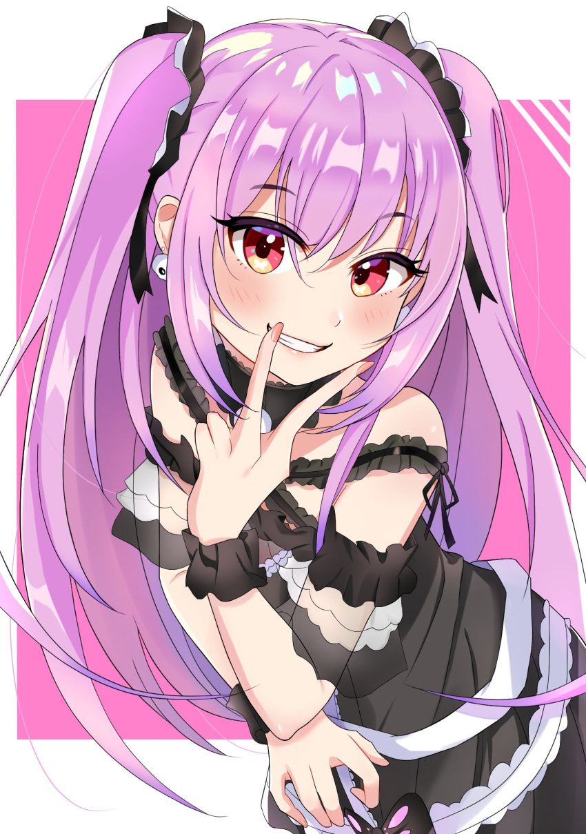 1girl, black_dress, black_ribbon, breast_hold, breasts, dangle_earrings, dress, earrings, elbow_rest, eyelashes, fingernails, gothic_lolita, grin, highres, hololive, jewelry, kuwa_za, leaning_forward, lips, lolita_fashion, long_hair, looking_at_viewer, out_of_character, pink_background, pink_hair, pink_nails, red_eyes, ribbon, simple_background, skull_earrings, smile, solo, twintails, uruha_rushia, v_over_mouth, very_long_hair, white_background, wrist_cuffs