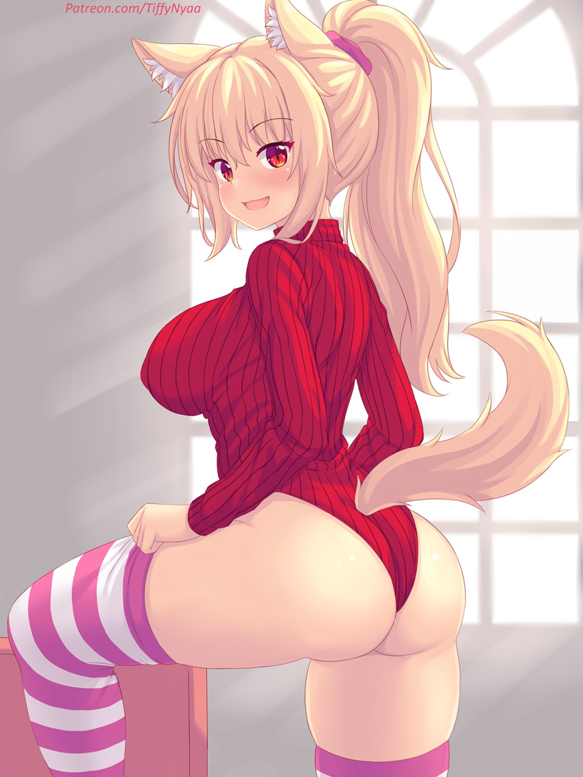 1girl, animal_ears, ass, blonde_hair, breasts, cowboy_shot, dog_ears, dog_tail