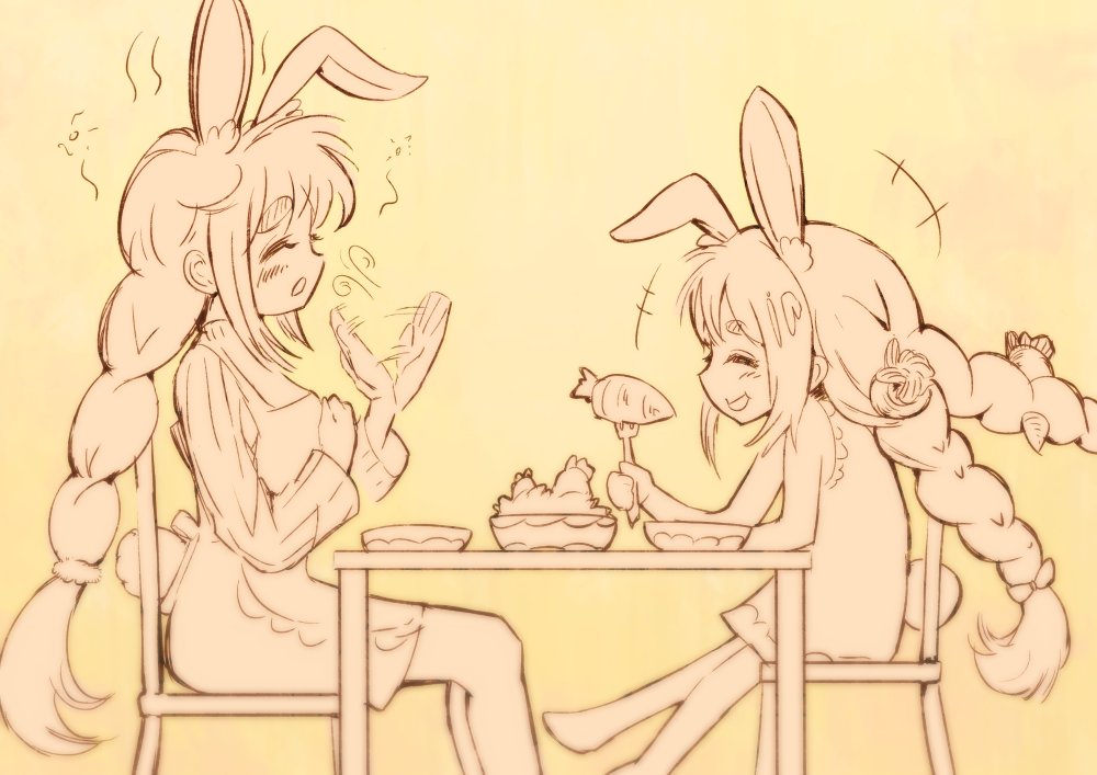 2girls, animal_ear_fluff, animal_ears, apron, braid, breasts, carrot, carrot_hair_ornament