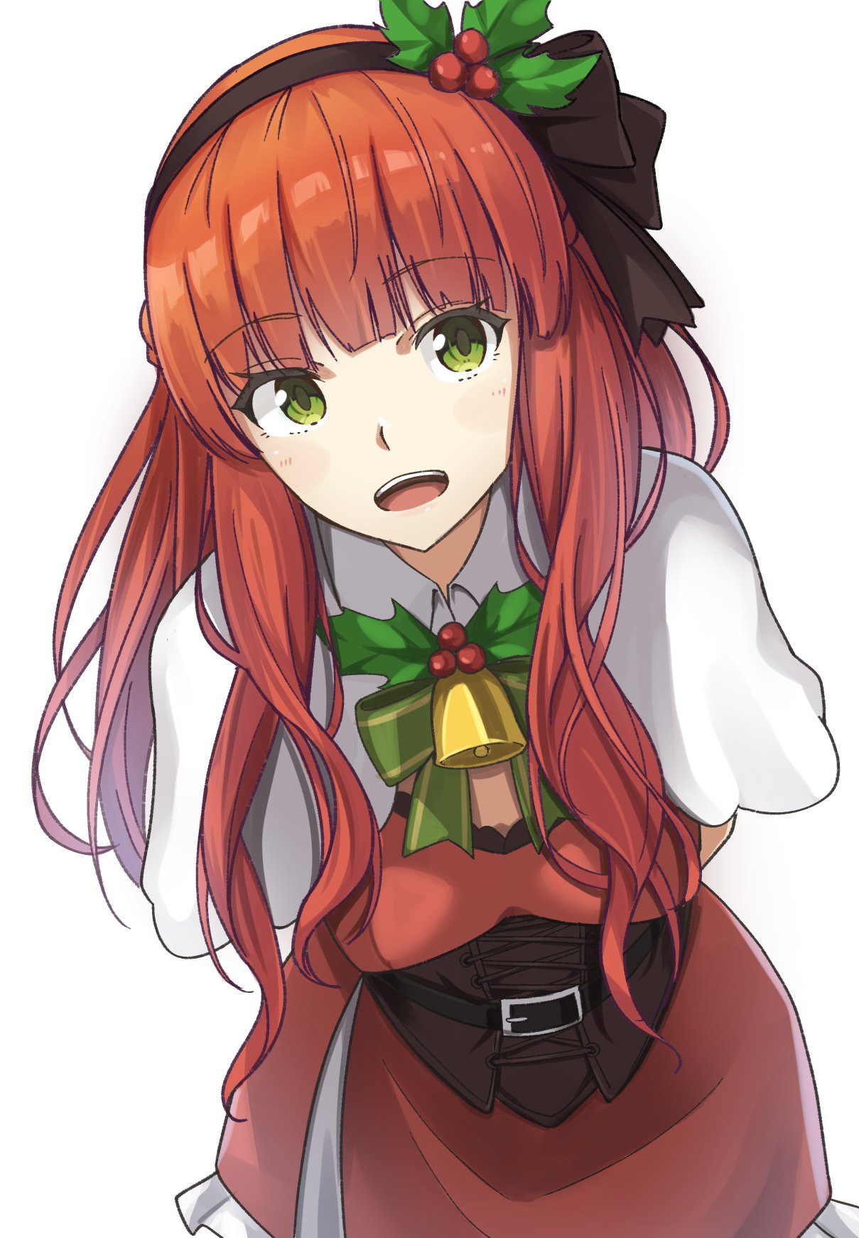 1girl, bangs, bell, belt, black_hairband, blunt_bangs, commentary_request, corset