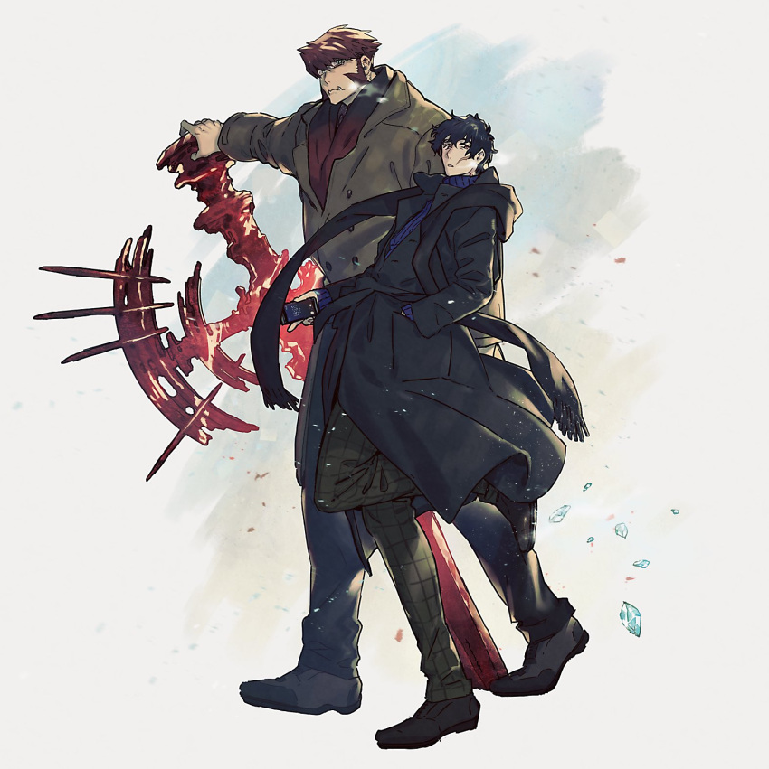 2boys, bangs, black_coat, black_footwear, black_hair, black_pants, black_scarf, blue_shirt
