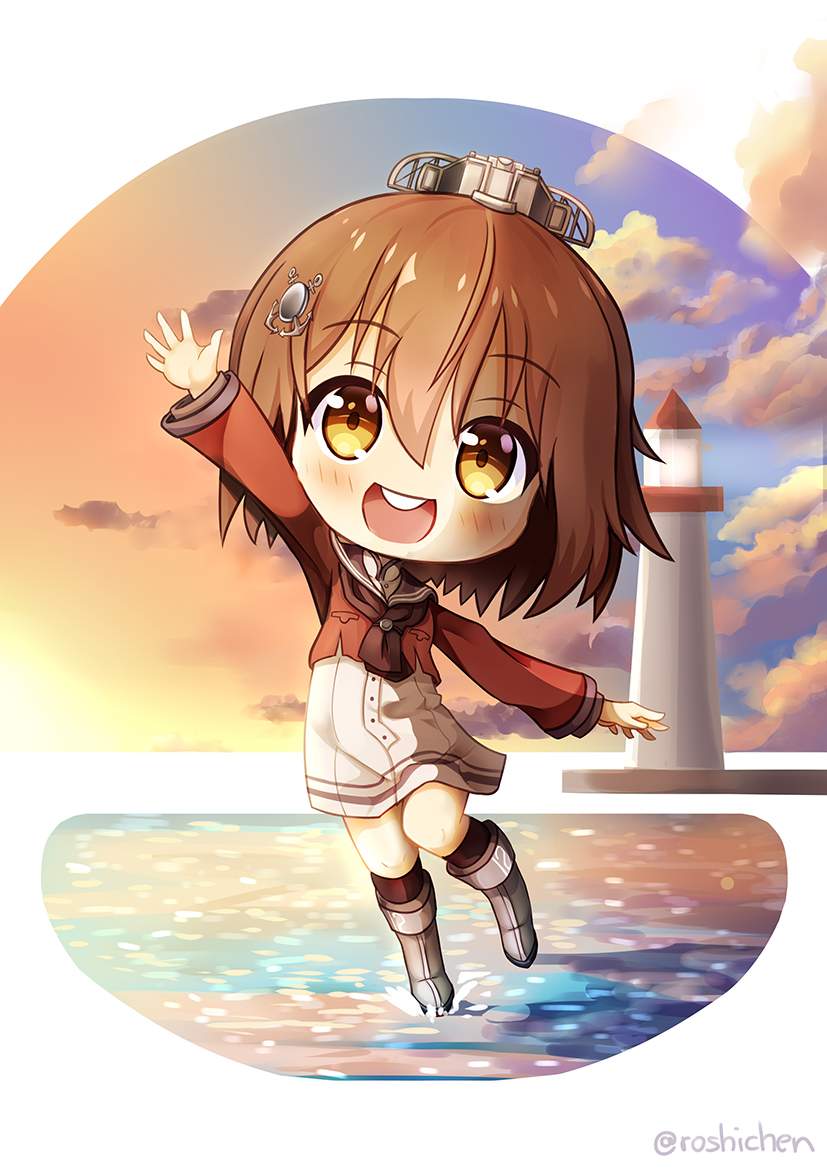 1girl, brown_eyes, brown_hair, brown_neckwear, chibi, clouds, dress, english_commentary
