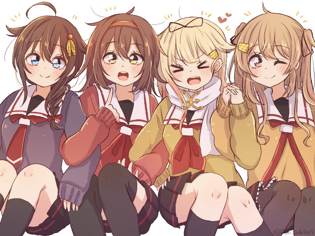 >_<, 4girls, ahoge, beige_sweater, black_hair, black_legwear, black_ribbon, black_sweater, blonde_hair, blue_eyes, braid, brown_eyes, brown_hair, hair_flaps, hair_ornament, hair_over_shoulder, hair_ribbon, hairband, hairclip, kantai_collection, kneehighs, light_brown_hair, long_hair, multiple_girls, murasame_(kantai_collection), one_eye_closed, orange_hairband, red_eyes, red_sweater, remodel_(kantai_collection), ren_kun, ribbon, sailor_collar, school_uniform, serafuku, shigure_(kantai_collection), shiratsuyu_(kantai_collection), simple_background, single_braid, sitting, sweater, thigh-highs, two_side_up, white_background, white_sailor_collar, yuudachi_(kantai_collection)
