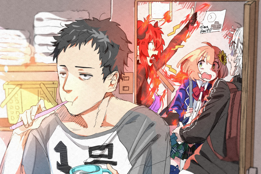 2boys, 2girls, ahoge, anger_vein, apron, arm_up, backpack, bag, black_hair, blazer, blue_legwear, breathing_fire, brushing_teeth, dola_(nijisanji), dragon_girl, fire, flower, from_side, gajimaro, green_eyes, hair_flower, hair_ornament, highres, honma_himawari, horns, indoors, jacket, kuzuha_(nijisanji), ladle, mouth_hold, multiple_boys, multiple_girls, nijisanji, open_mouth, orange_hair, plaid, plaid_skirt, pleated_skirt, redhead, school_uniform, short_hair, sketch, skirt, speech_bubble, sunflower, sweatdrop, thigh-highs, toothbrush, virtual_youtuber, wavy_mouth, white_hair, yashiro_kizuku