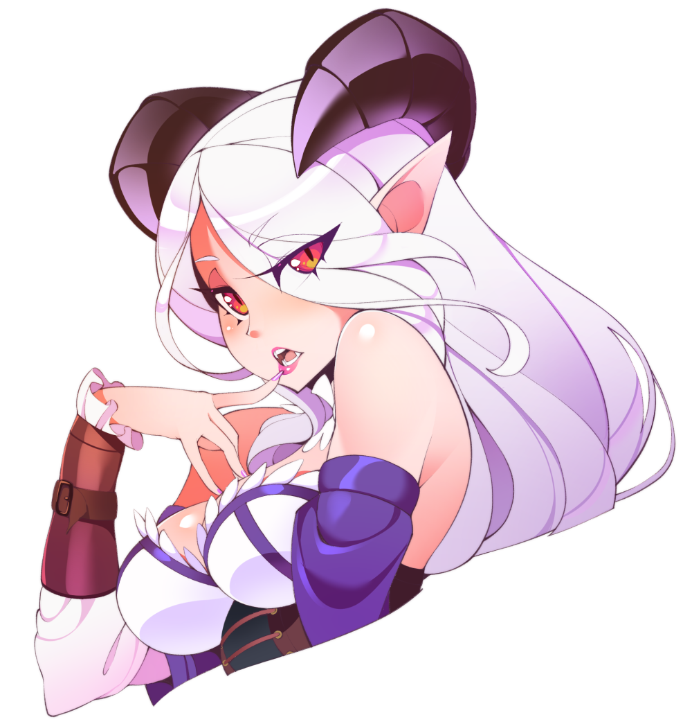 1girl, bare_shoulders, breasts, commentary, commission, cropped_torso, demon_girl, demon_horns