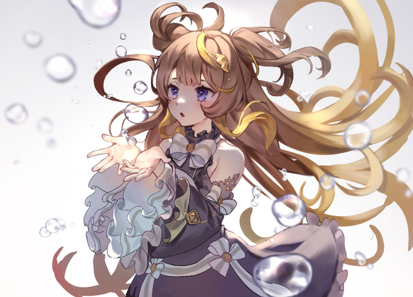 1girl, ahoge, anya_melfissa, black_dress, blurry, bow, bowtie, brown_hair, depth_of_field, detached_sleeves, dress, floating_hair, frilled_sleeves, frills, grey_background, hands_up, hololive, hololive_indonesia, kris_hair_ornament, long_hair, multicolored_hair, open_mouth, ptaki_2, solo, streaked_hair, two_side_up, very_long_hair, violet_eyes, water_drop, white_bow, wind