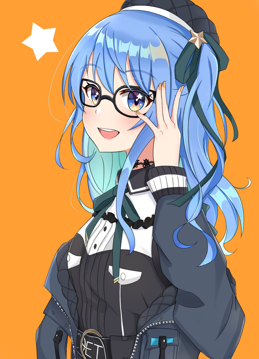 1girl, adjusting_eyewear, beret, bespectacled, blue_eyes, blue_hair, blue_jacket, breasts