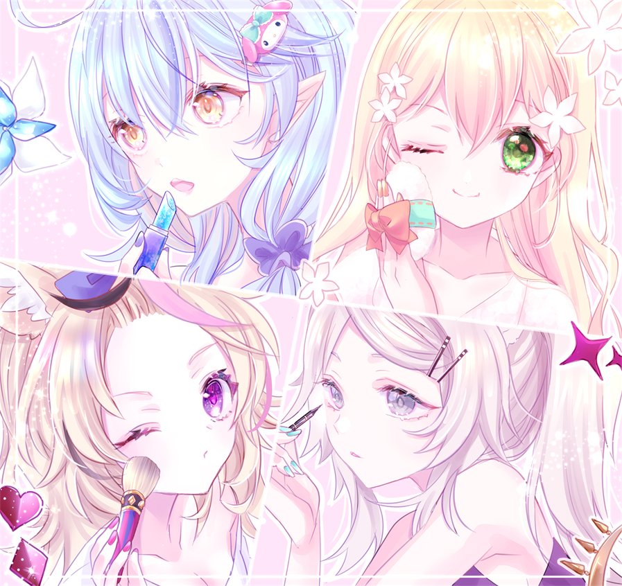 4girls, ahoge, alternate_costume, alternate_hairstyle, animal_ears, applying_makeup, bangs_pinned_back, blonde_hair