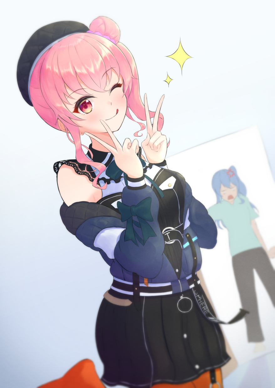 2girls, alternate_costume, anemachi, anger_vein, belt, beret, black_skirt, blue_jacket