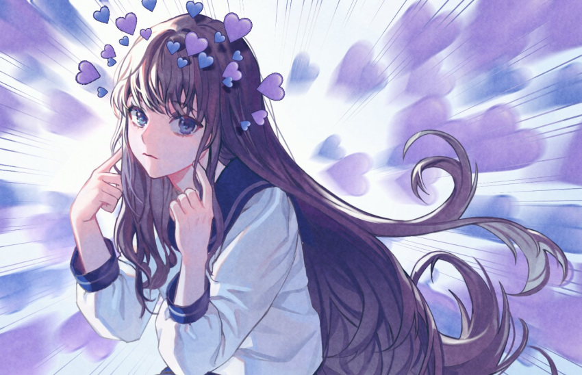 1girl, blue_eyes, brown_hair, curly_hair, expressionless, fingers_to_cheeks, heart, long_hair