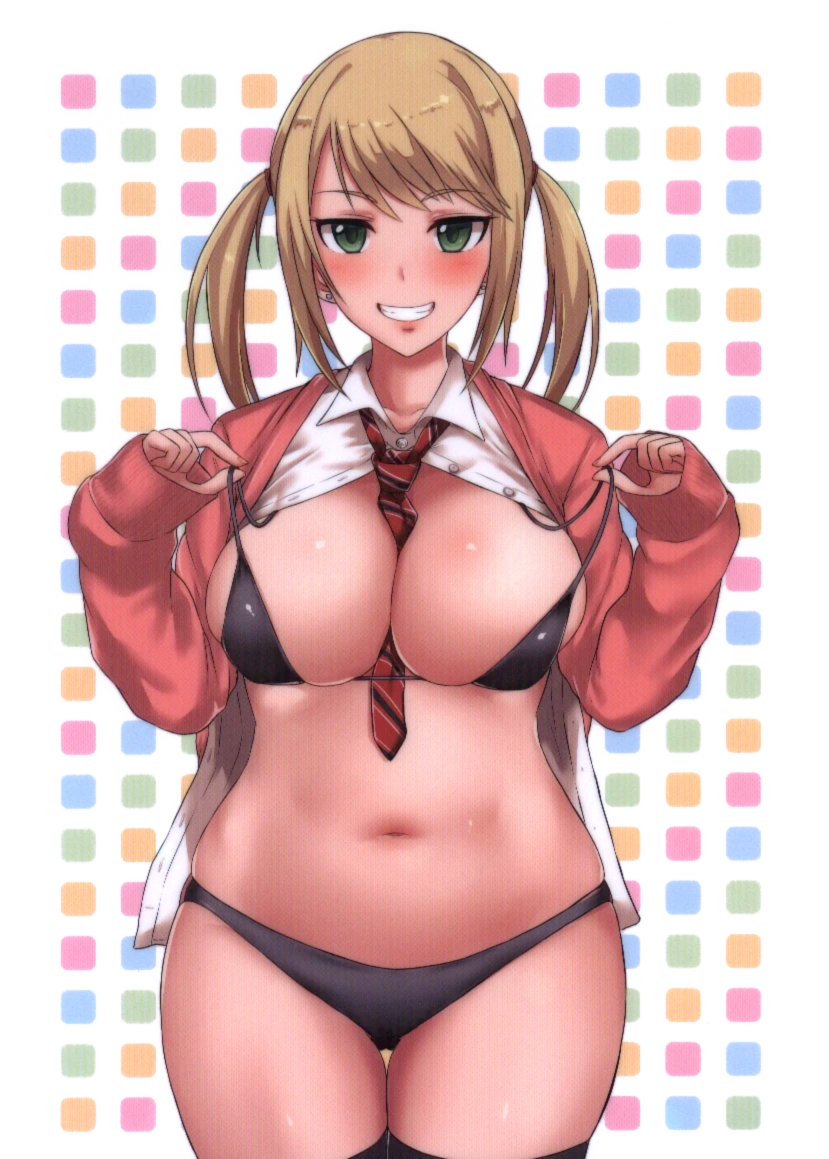 1girl, bangs, between_breasts, bikini, black_bikini, black_legwear, blonde_hair, blush