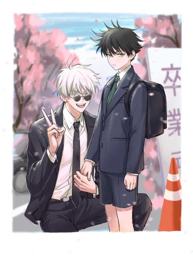 2boys, :d, backpack, bag, belt, black_belt, black_hair, black_jacket