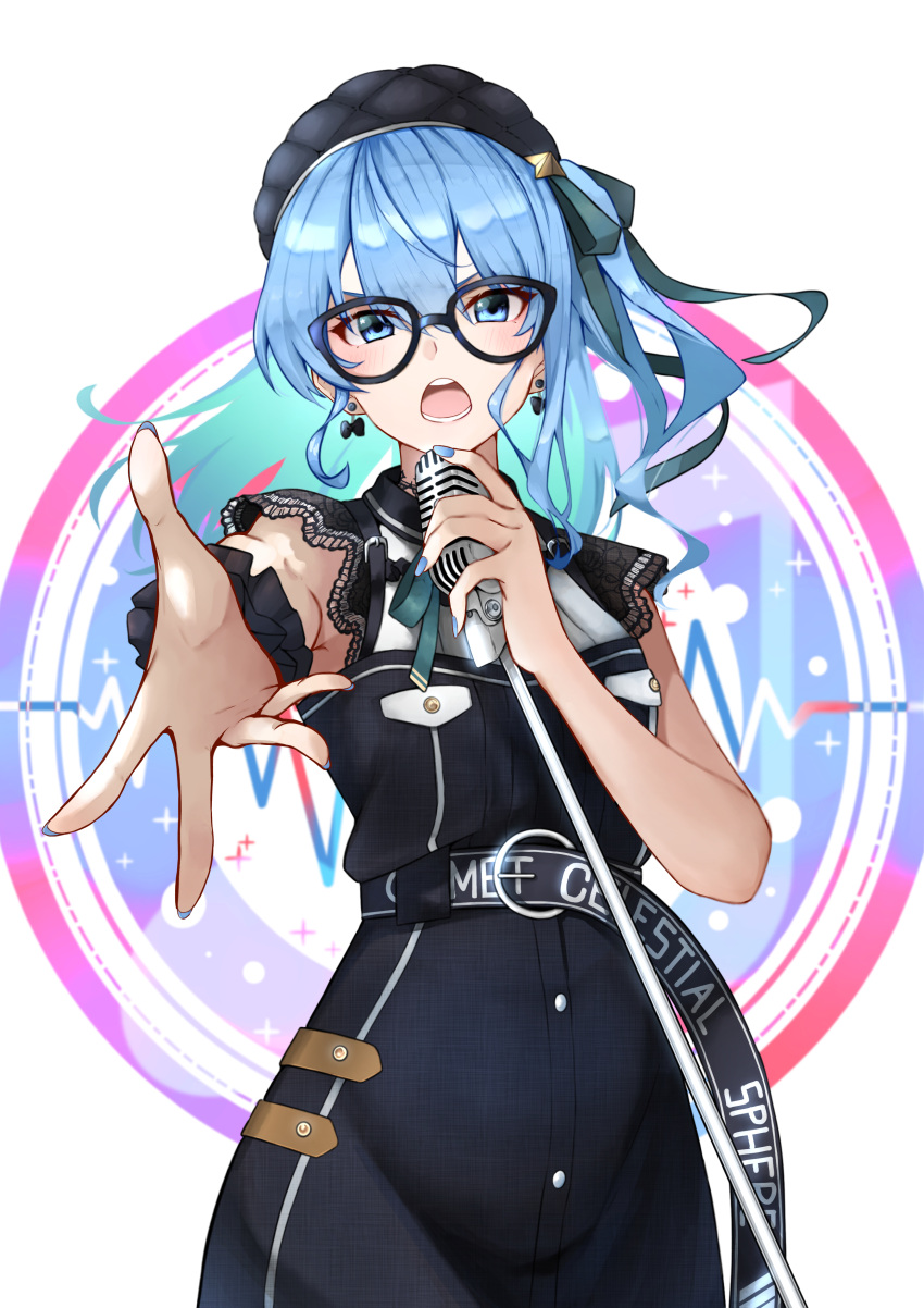 1girl, absurdres, asymmetrical_hair, black-framed_eyewear, black_dress, black_headwear, blue_eyes, blue_nails