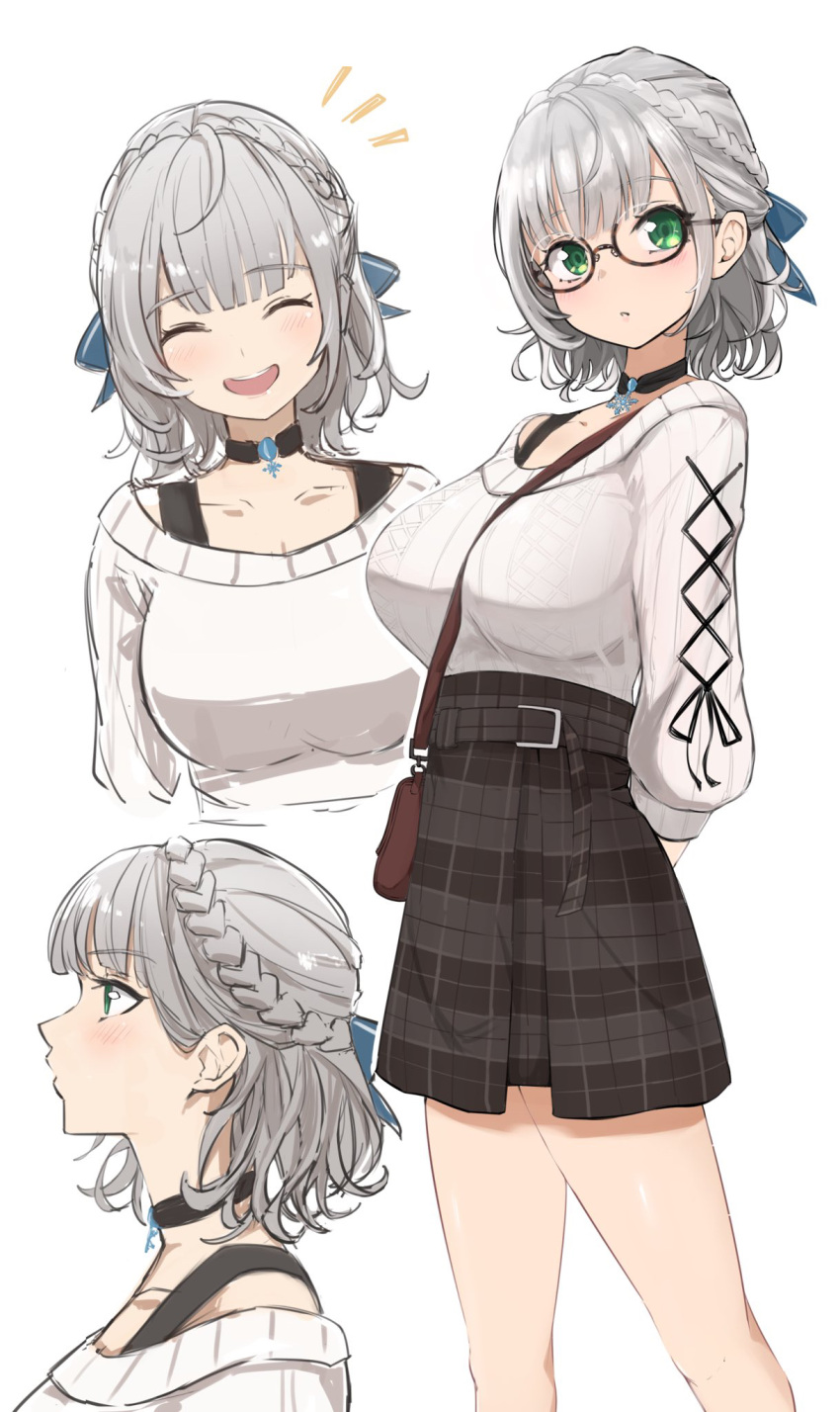 /\/\/\, 1girl, arms_behind_back, bag, bare_legs, between_breasts, black_choker, black_skirt