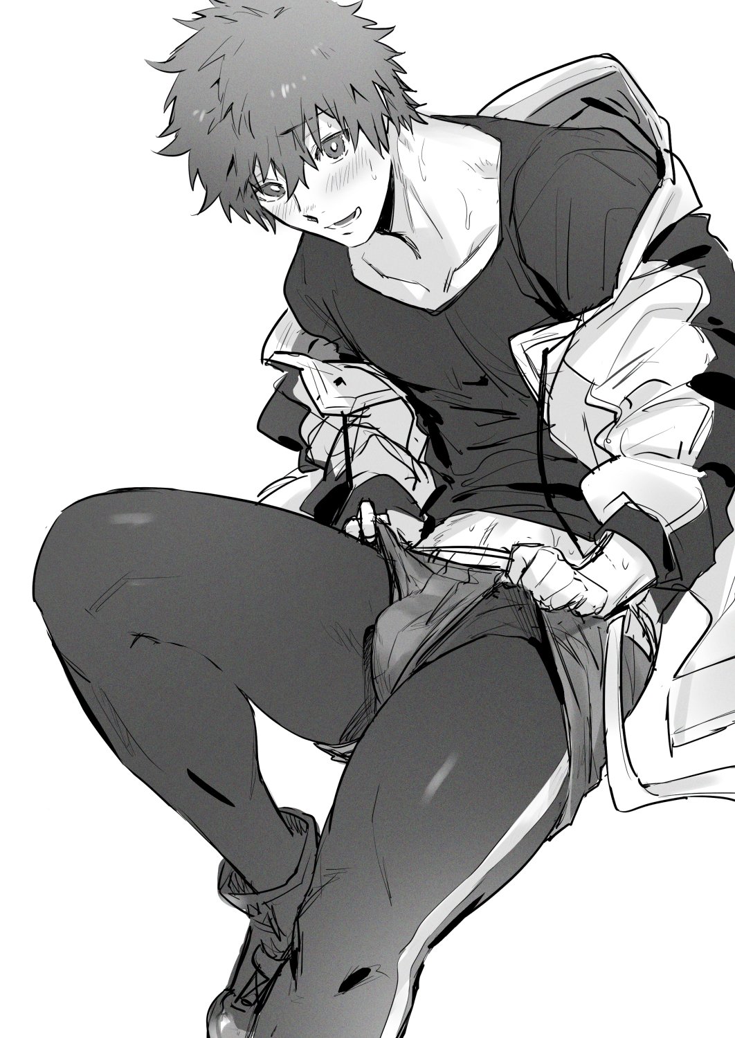 1boy, blush, bright_pupils, bulge, gran_(granblue_fantasy), granblue_fantasy, greyscale, haiki_(tegusu)