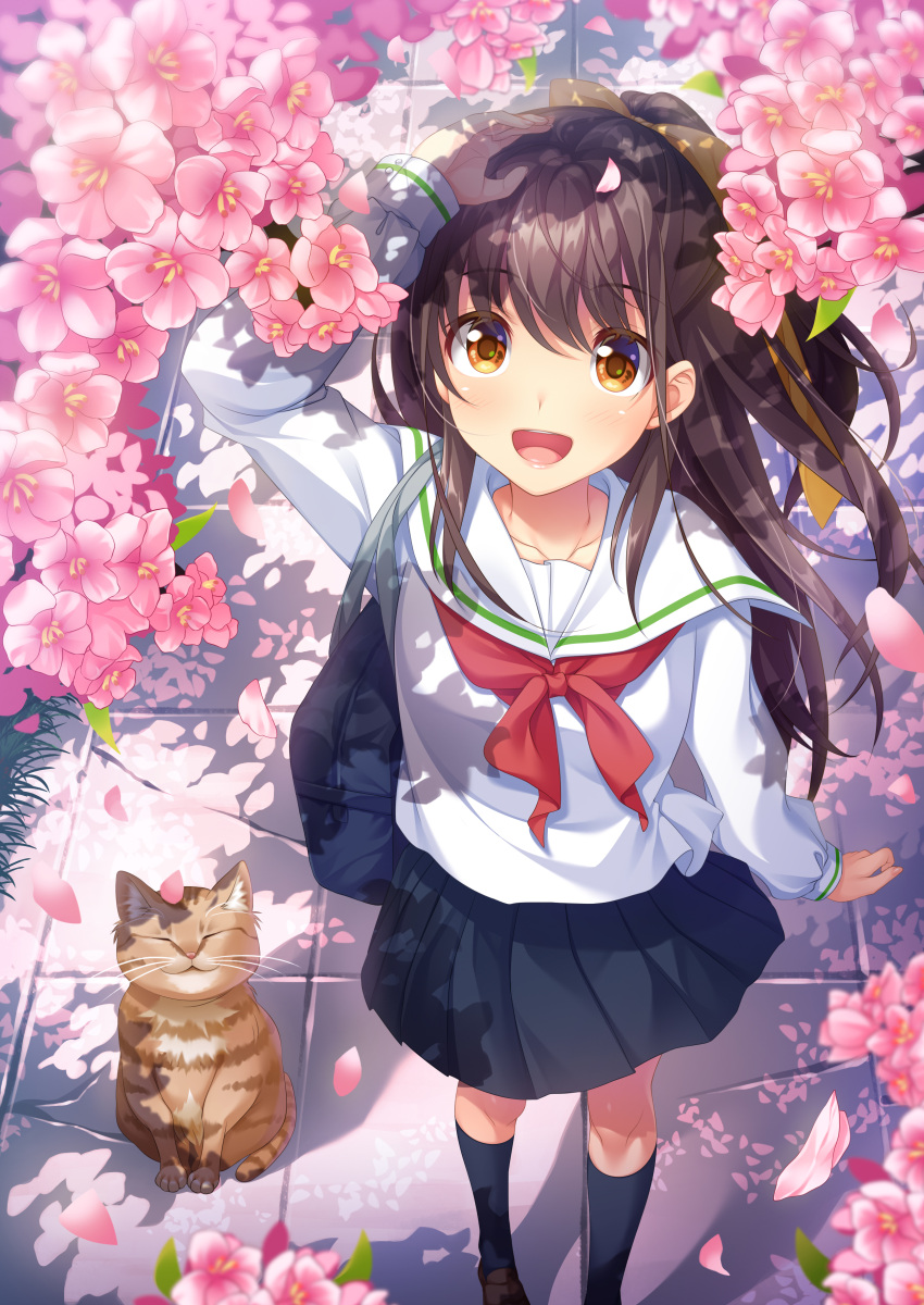 1girl, :d, absurdres, arm_up, bag, black_legwear, black_skirt, brown_eyes