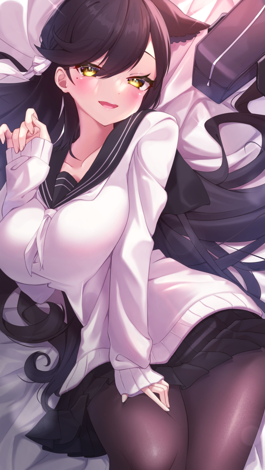 1girl, :d, absurdres, animal_ears, arm_up, atago_(azur_lane), atago_(school_daydream)_(azur_lane), azur_lane