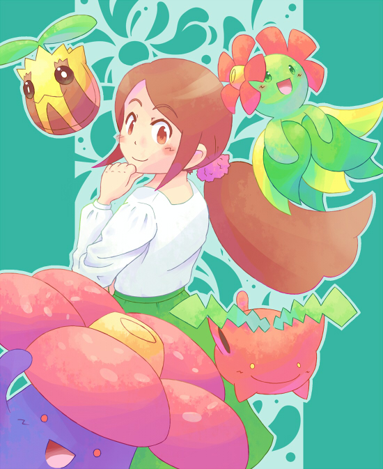 1girl, :d, aroma_lady_(pokemon), bellossom, blush, brown_eyes, brown_hair, closed_mouth, commentary_request, creature, gen_1_pokemon, gen_2_pokemon, green_background, long_hair, long_sleeves, looking_at_viewer, open_mouth, pokemon, pokemon_(creature), ponytail, sidelocks, simple_background, smile, sunkern, tied_hair, toge_nbo, vileplume