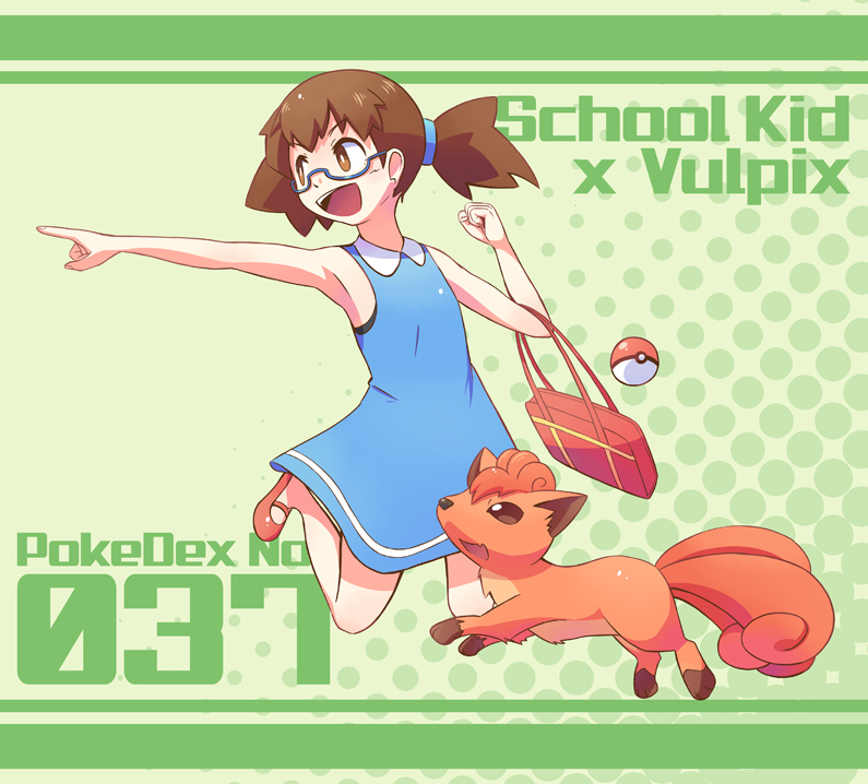 1girl, blue_dress, brown_hair, commentary_request, creature, dress, english_text, gen_1_pokemon, green_background, jumping, number, pokedex_number, pokemon, pokemon_(creature), pokemon_(game), pokemon_bw, ponytail, school_kid_(pokemon), tied_hair, toge_nbo, vulpix