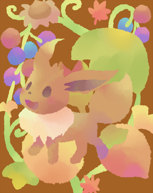 :d, black_eyes, brown_background, commentary_request, creature, eevee, flower, full_body