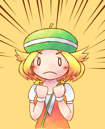 1girl, bianca_(pokemon), blonde_hair, breasts, clenched_hands, commentary_request, emphasis_lines, frown