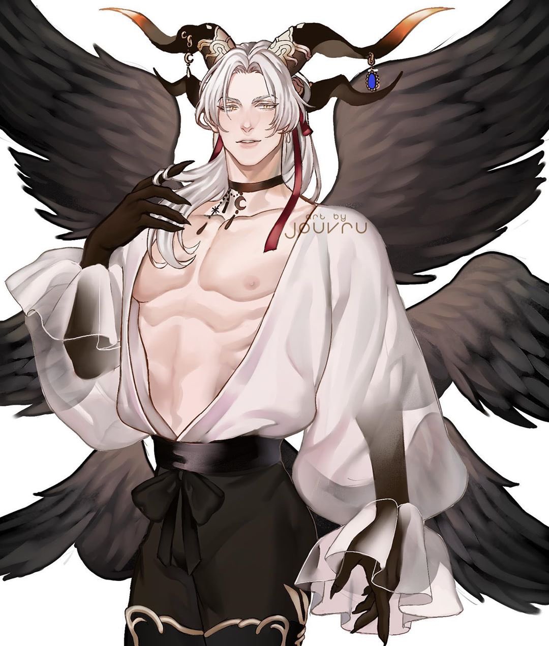 1boy, angel_wings, artist_name, bangs, bare_pecs, black_choker, black_pants, black_wings