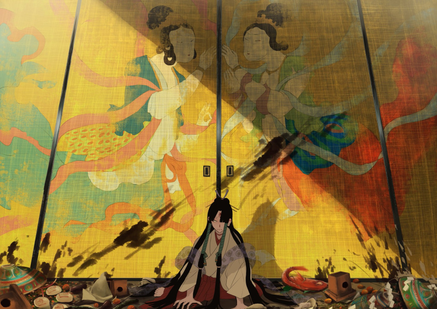 1girl, bangs, barefoot, black_hair, blunt_bangs, check_copyright, copyright_request, door, facial_mark, forehead_mark, hair_ornament, hair_stick, hair_tubes, highres, ink, long_hair, long_sleeves, original, shadow, sitting, solo, tukuso, very_long_hair