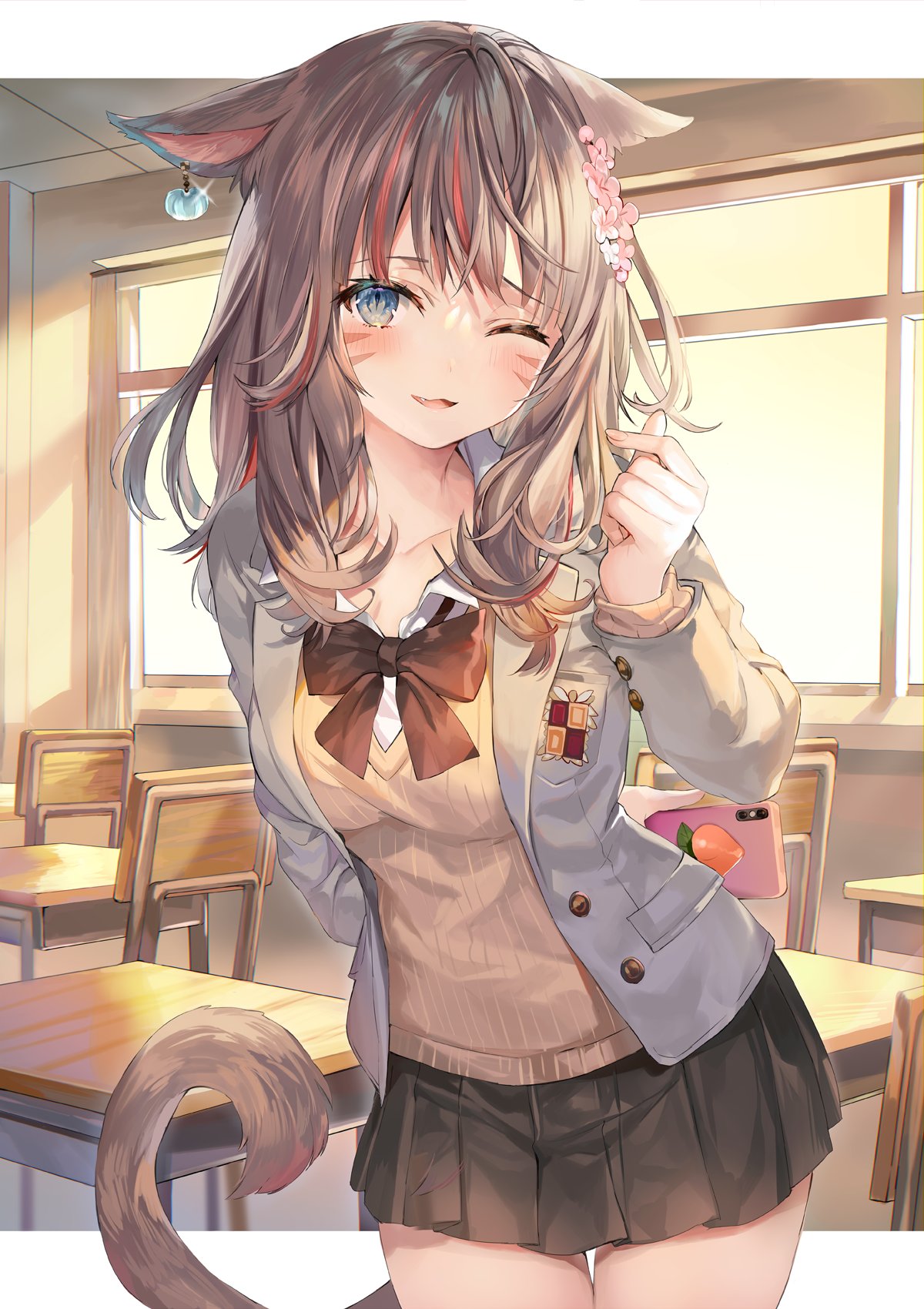 1girl, animal_ears, black_skirt, blazer, blue_eyes, bow, bowtie, breasts