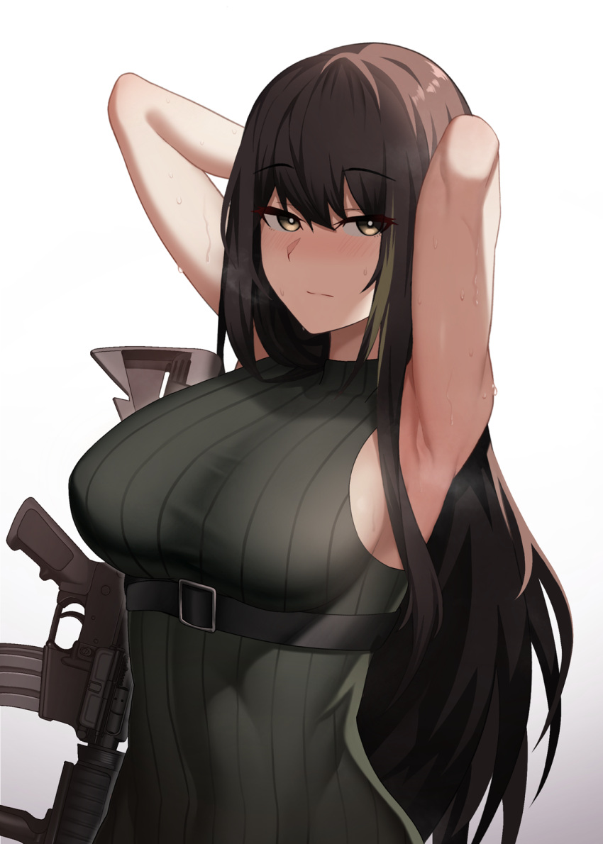 1girl, armpits, arms_behind_head, arms_up, assault_rifle, bare_arms, bare_shoulders, belt