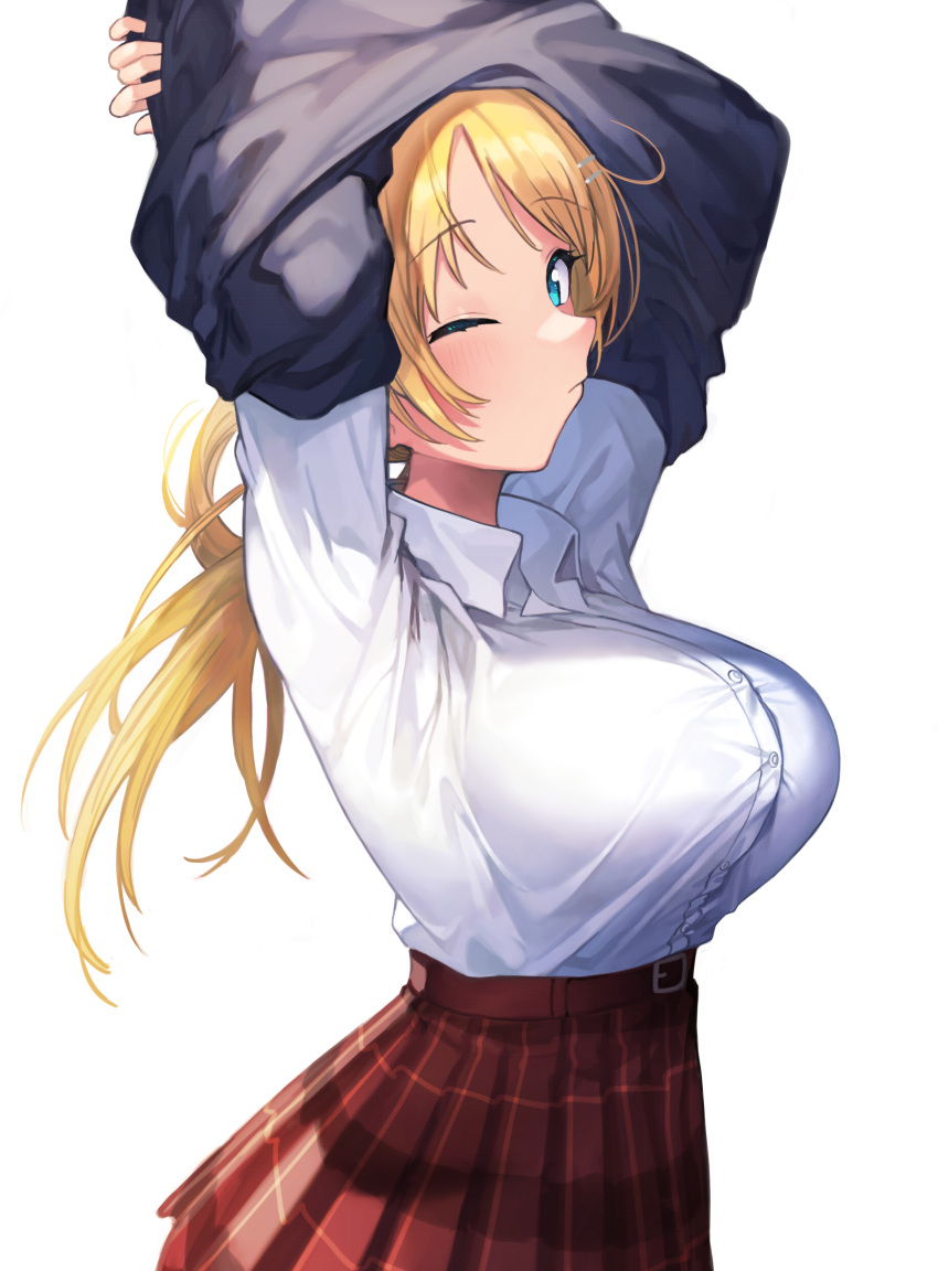 1girl, absurdres, arms_up, bangs, belt, black_sweater, blonde_hair, blue_eyes