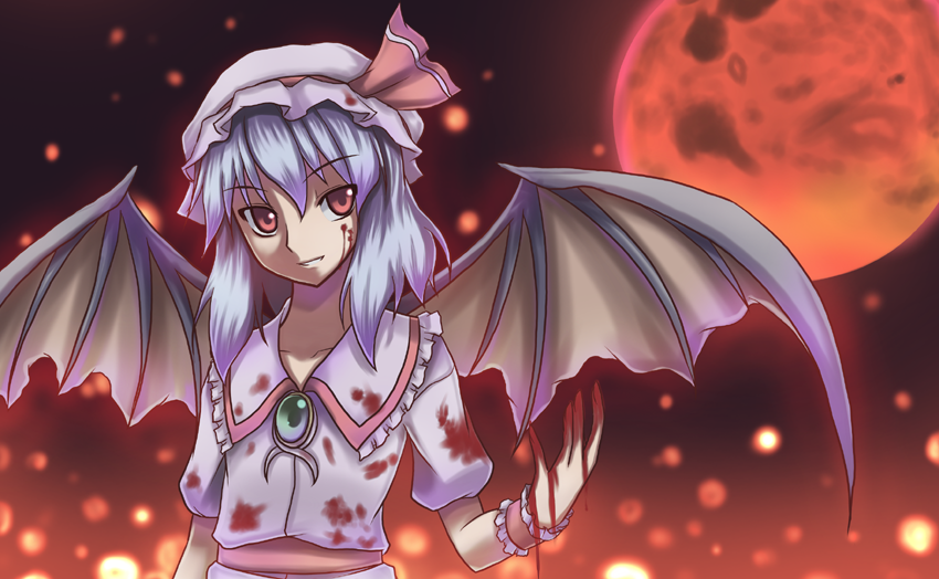 bat_wings, blood, brooch, hat, jewelry, moon, red_eyes, red_moon, remilia_scarlet, touhou, touhuya, wings, wrist_cuffs